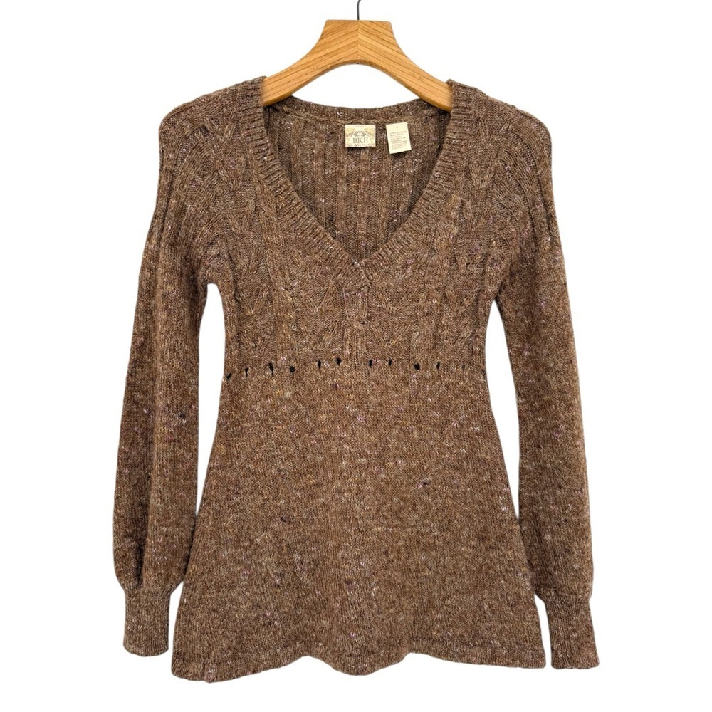 BKE Y2K Sweatheart Empire Waist Babydoll Wool Blend Cable Knit Sweater Brown M